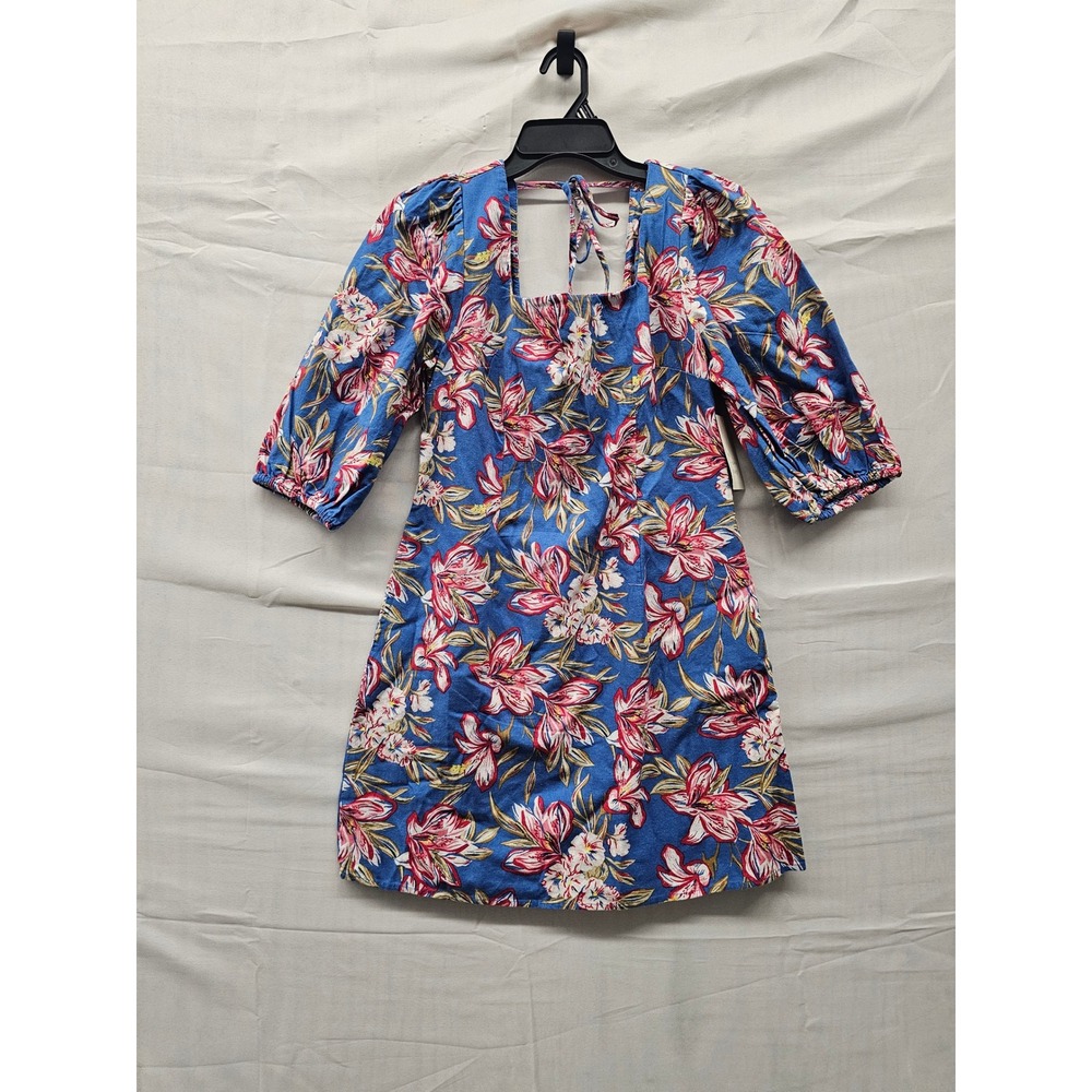 A New Day Womens Floral Mini Dress Blue Cotton Linen Blend Casual Size Small